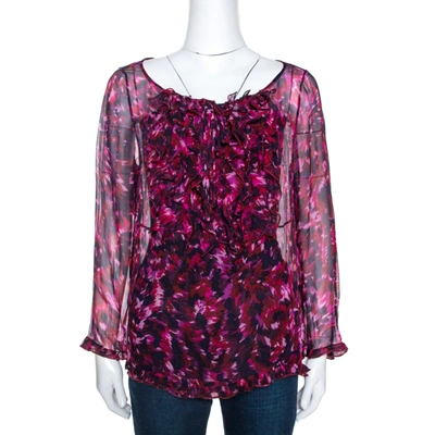 Pre-owned Valentino Purple Printed Silk Ruffle Front Blouse Xl