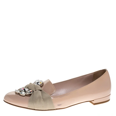 Pre-owned Miu Miu Beige Patent Leather Crystal Embellished Ballet Flats Size 36.5