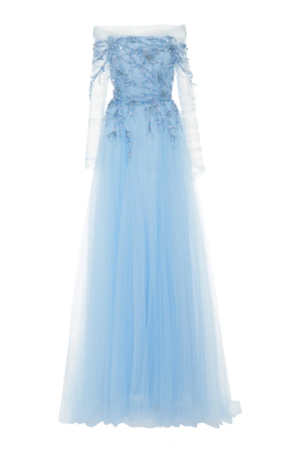 Pamella Roland Cold-shoulder Sequin-embroidered Tulle Dress In Blue