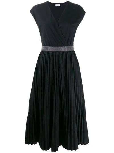 Brunello Cucinelli Pleated-skirt V-neck Dress In Black