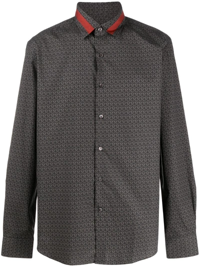 Ferragamo Logo Print Button Up Shirt In Grey