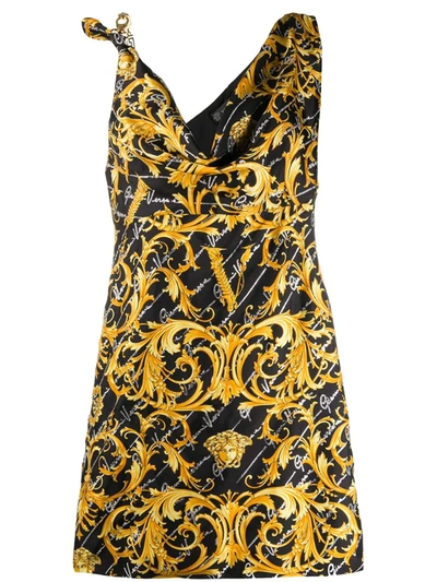 Versace Barocco Signature Print Asymmetric Dress In Yellow