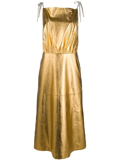 Prada Metallic Sheen Pleated Dress In Gold