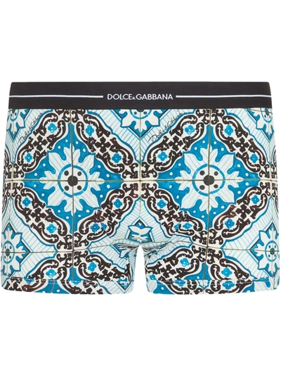 Dolce & Gabbana Cotton Boxers With Maiolica Print On A Sky Blue Background