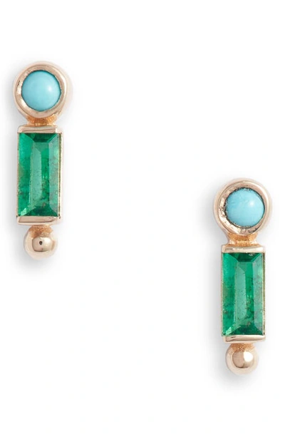 Anzie Dew Drop Bezel Stud Earrings In Yellow Gold/ Green/ Blue