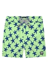 Tom & Teddy Kids' Boy's Starfish Print Classic Fit Swim Trunks In Fresh Green Blue