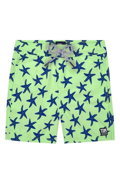 Tom & Teddy Kids' Boy's Starfish Print Classic Fit Swim Trunks In Fresh Green Blue