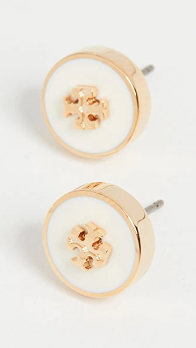 Tory Burch Kira Semi Precious Logo Circle Stud Earrings In Rolled Brass/mother Of Pearl