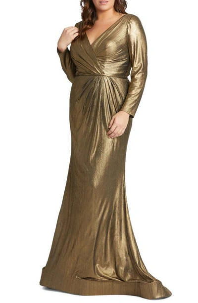 Mac Duggal Metallic Long Sleeve Faux Wrap Gown In Bronze