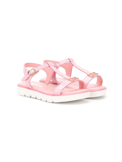 Dolce & Gabbana Kids' T-strap Sandals In Patent Leather With Dg Rhinestones In Pink