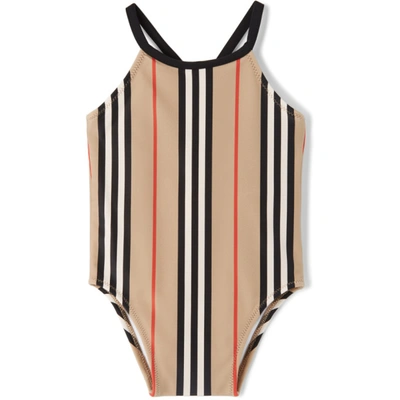 Burberry Baby Beige Icon Stripe One-piece Swimsuit In Archive Beige