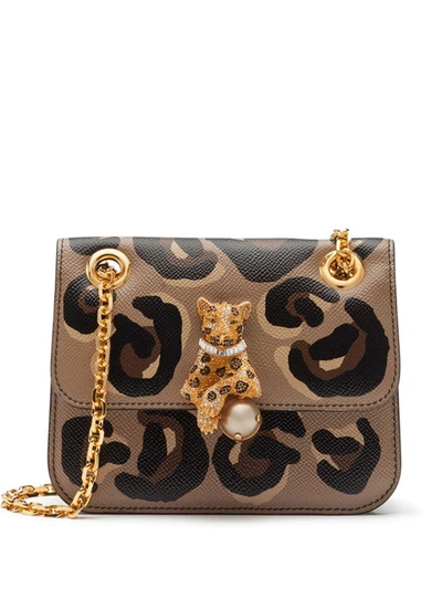 Dolce & Gabbana Small Jungle Bag In Calfskin With Dg Leo Print And Bejeweled Closure In Brown