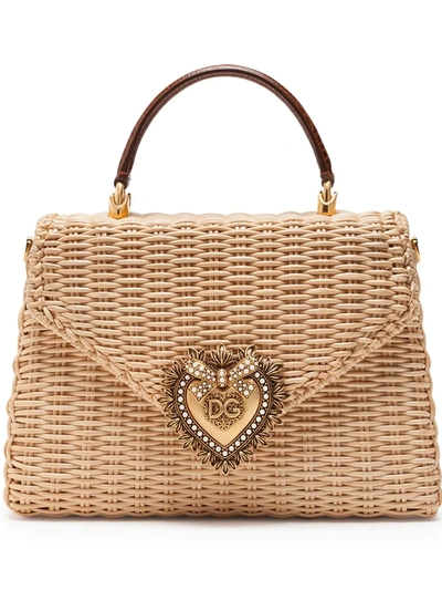 Dolce & Gabbana Medium Devotion Bag In Wicker In Neutrals