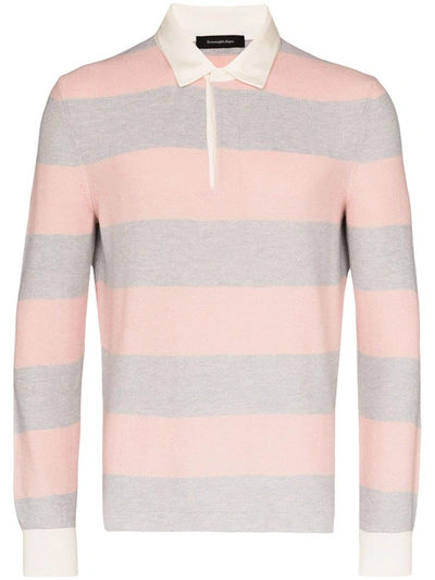 Ermenegildo Zegna Striped Fint Knit Polo Shirt In Pink