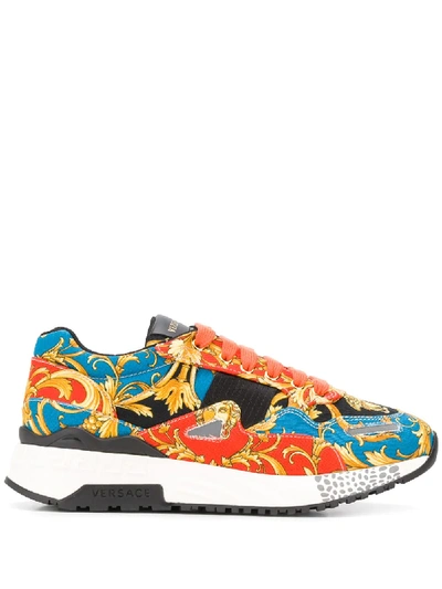 Versace Printed Canvas Low-top Trainers In Blue