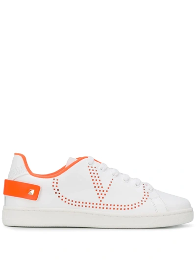 Valentino Garavani Backnet Perforated Leather Sneakers In Bianco Orange