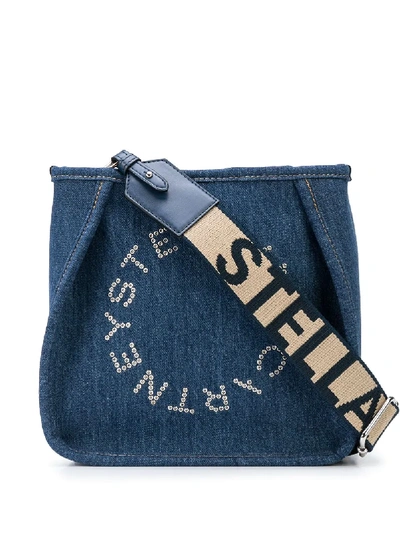 Stella Mccartney Mini Eco Studded Logo Organic Denim Crossbody Bag In Blue