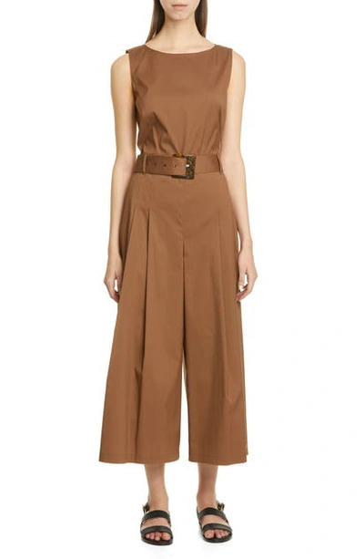 Lafayette 148 Arthur Sleeveless Belted Stretch Cotton Jumpsuit In Acorn