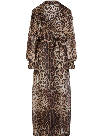 Dolce & Gabbana Leopard Print Double Breasted Trench Coat In Multicolor