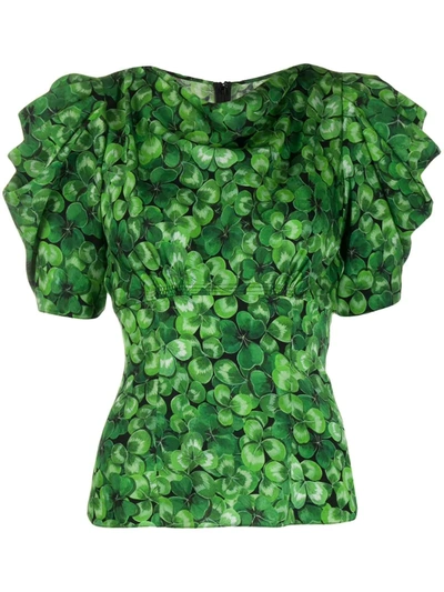 Dolce & Gabbana Charmeuse Top With Four Leaf Clover Print In Floral Print