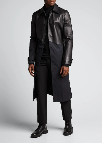 Bottega Veneta Men's Tech Trench Coat W/ Bonded Leather Top In Navy