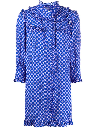 Sandro Dolly Embellished Ruffled Printed Jacquard Mini Dress In Blue