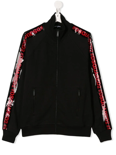 Dsquared2 Kids' Logo Tape Zip-up Sweatshirt In Black