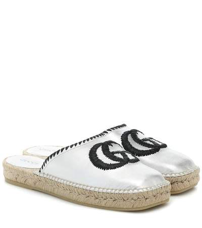 Gucci Gg Leather Espadrille Slippers In Silver