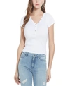 Guess Essential V-neck Logo Henley Top In Pure White