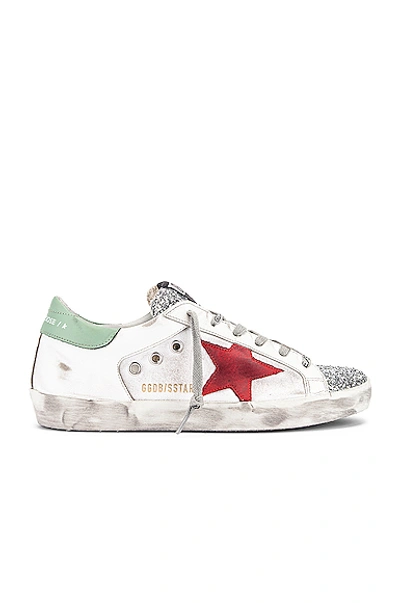 Golden Goose Superstar 运动鞋 In White Leather Canvas Glitter Silver Red Star