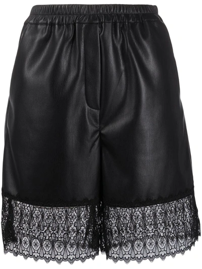 Self-portrait Faux Leather Lace Trim Bermuda Shorts In Black