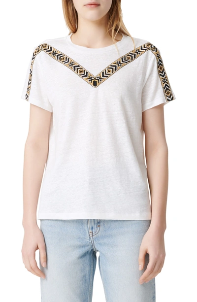 Maje Toblo Embellished Jacquard-trimmed Linen-jersey T-shirt In Ecru