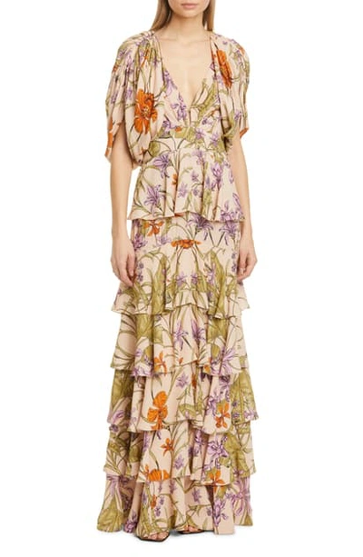Johanna Ortiz Despise Your Thought Floral Tiered Maxi Dress In Natural Olive