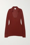 Bottega Veneta Scoop Neck Ribbed Long Knitted Top In Rust
