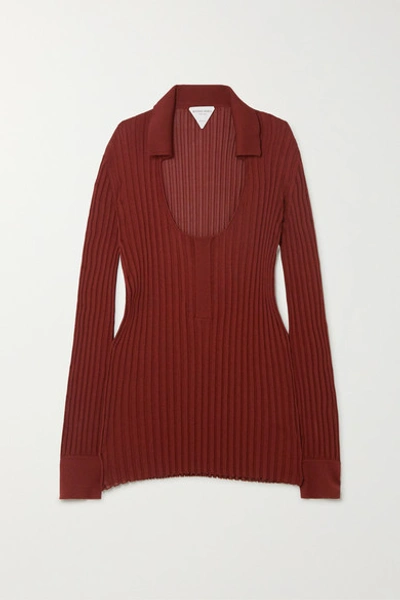 Bottega Veneta Scoop Neck Ribbed Long Knitted Top In Rust