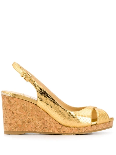 Jimmy Choo Amely 80mm Snake-effect Metallic Wedges In Gold