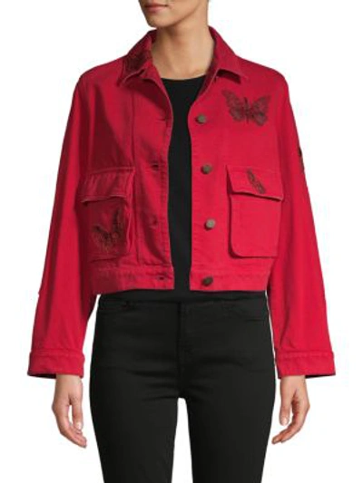 Valentino Beaded Butterfly Cropped Denim Jacket In Rosso