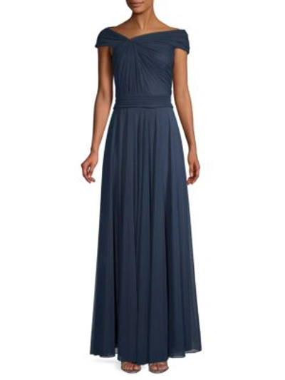 Tadashi Shoji Ruched Off-the-shoulder Mesh Gown In Navy