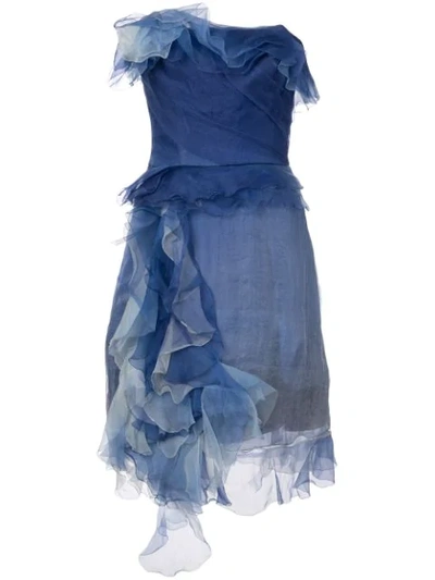 Marchesa Ombr&eacute; Ruffled Silk-blend Cocktail Dress In Blue