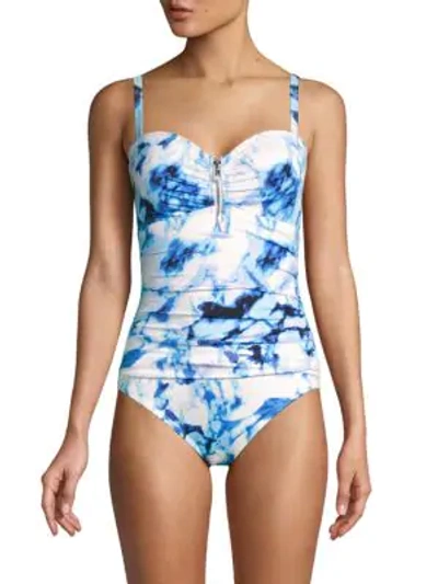 Dkny Quartz-print Zip-front One-piece Swimsuit