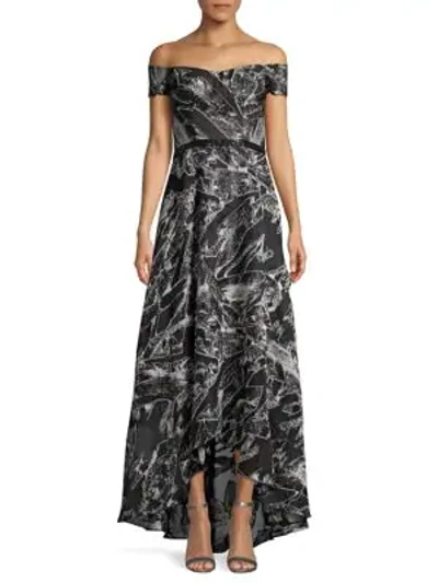Rene Ruiz Collection Off-the-shoulder Print Flare Gown In Black