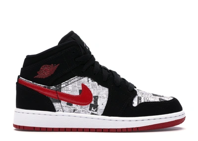 Pre-owned Jordan 1 Mid Newspaper Air Times (gs) In Black/gym Red-white