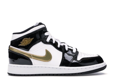 Pre-owned Jordan 1 Mid Patent Black White Gold (gs) In Black/white-metallic Gold