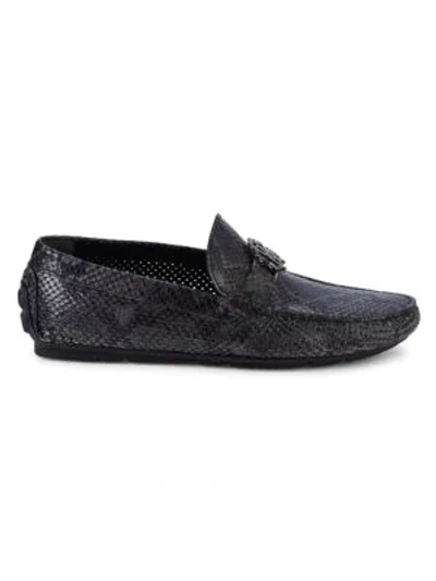 Roberto Cavalli Firenze Snakeskin-embossed Leather Driving Loafers In Grey