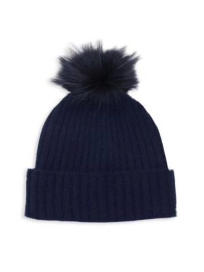 Amicale Cashmere Fox Fur Pom-pom Beanie In Navy