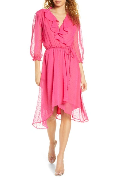 Fraiche By J Ruffle Clip Dot Chiffon Faux Wrap Dress In Pink