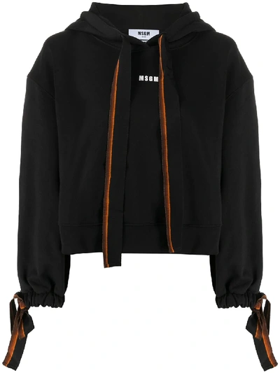 Msgm Logo Print Tie Detail Hoodie In Black