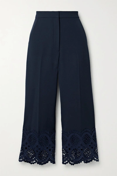 Lela Rose Cropped Broderie Anglaise Cotton-trimmed Crepe Wide-leg Pants In Midnight Blue