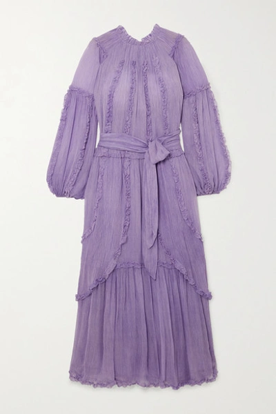 Ulla Johnson Sabina 荷叶边褶皱真丝乔其纱超长连衣裙 In Lilac