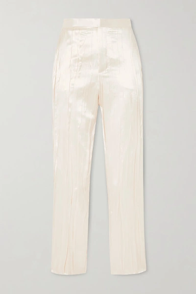 Saint Laurent Pleated Silk-blend Satin Slim-fit Pants In Ivory